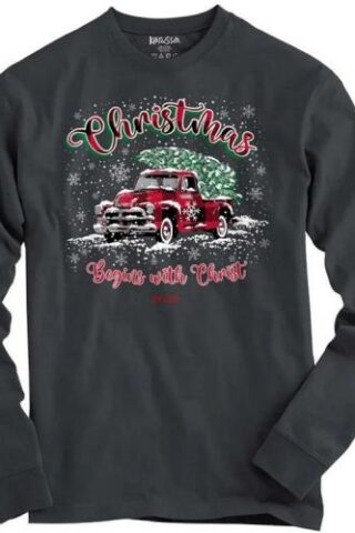 612978635421 Kerusso Christmas Tree Truck Christmas Begins With Christ (Medium T-Shirt)